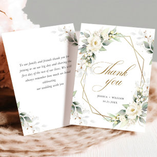 Elegante weiße Rosen Eukalyptus Hochzeit Danke