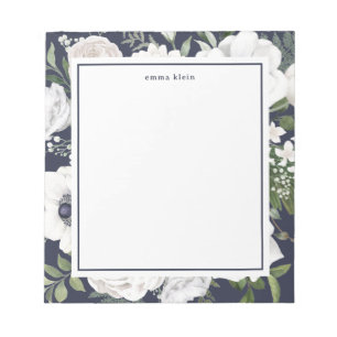 Elegante weiße Rosen Grünblau Navyblauer Name Notizblock