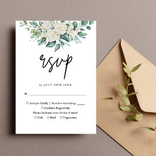 Elegante Weiße Rosen Grüne Florale Hochzeit RSVP Karte