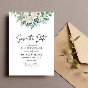 Elegante Weiße Rosen Grüne Florale Hochzeit Save The Date