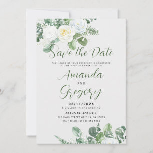 Elegante Weiße Rosen & Grüne Rett-The-Date Einladung