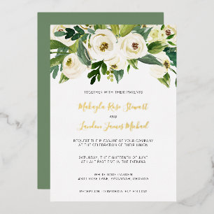 Elegante weiße Rosen Grünzeug Florale Hochzeit Gol Folieneinladung