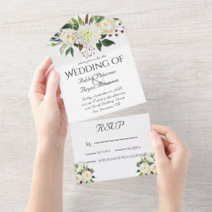 Elegante weiße Rosen Hochzeit All In One Einladung