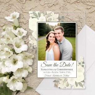 Elegante weiße Rosen Hochzeit Termin merken Foto Acryleinladungen