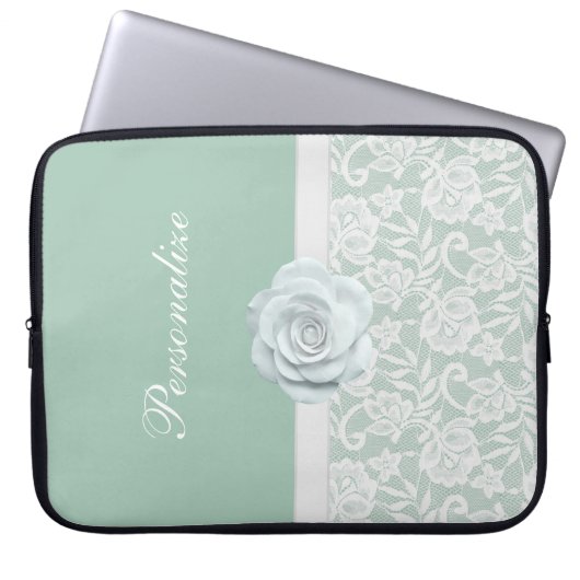 Elegante weiße Rosen u. Spitze-tadelloses Grün Laptopschutzhülle (Vorderseite)