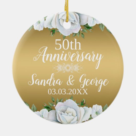 Elegante weiße Rosen über Gold Hintergrund Keramik Ornament (Hinten)