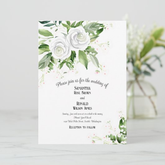 Elegante Weiße Rosen und Gipskraut Hochzeit Einladung (Stehend Vorderseite)
