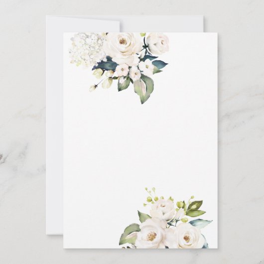 Elegante Weiße Rosen und Hydrangeas Blumenhochzeit Einladung (Rückseite)