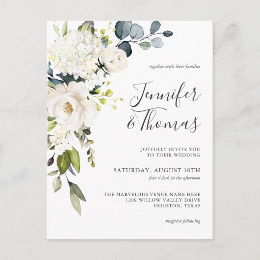 Elegante Weiße Rosen und Hydrangeas Hochzeit Postkarte (Vorderseite)