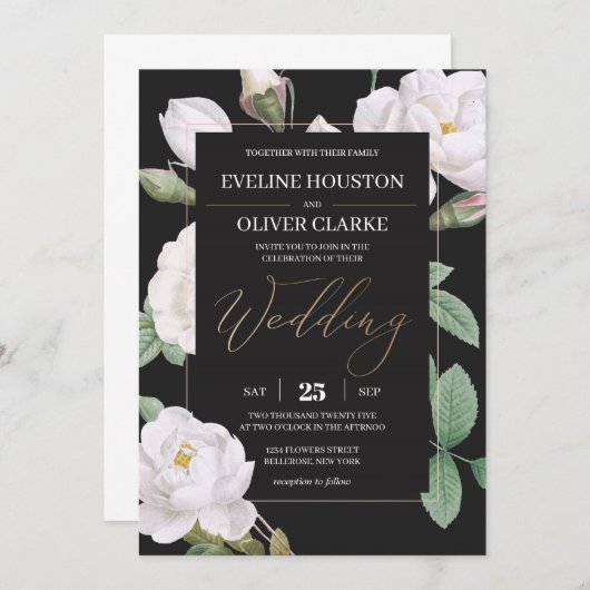 Elegante weiße Rosen und schwarzer Hintergrund Einladung (Vorne/Hinten)