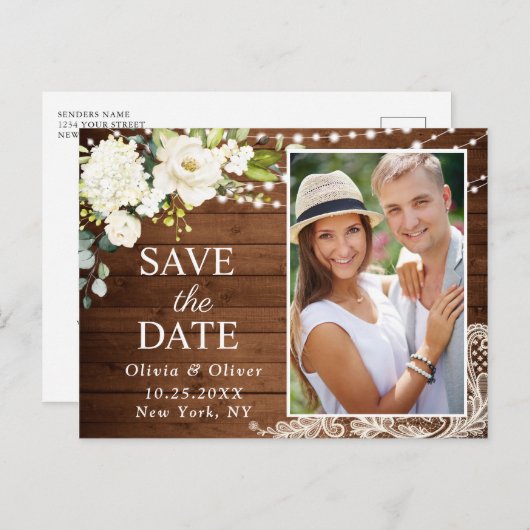 Elegante Weiße Rosen und Spitzen Rustikal Save the Postkarte (Vorne/Hinten)