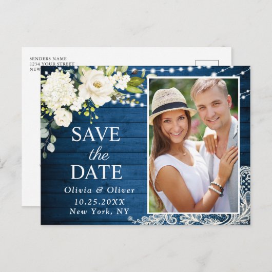 Elegante Weiße Rosen und Spitzen Rustikal Save the Postkarte (Vorne/Hinten)