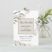 Elegante weiße Rosenknospe Rettete unser Datum Save The Date (Stehend Vorderseite)