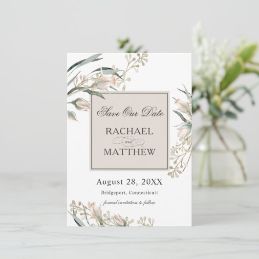 Elegante weiße Rosenknospe Rettete unser Datum Save The Date (Stehend Vorderseite)