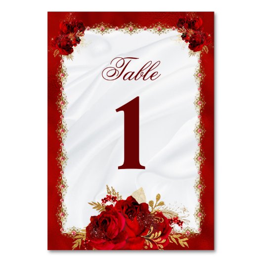 Elegante, weiße Rote Rosen Hochzeit Tischnummer (Vorderseite)