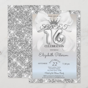 Elegante weiße Schleife, Tiara, silberner Glitter Einladung