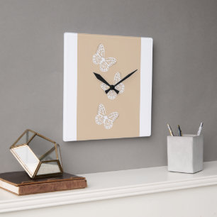 Elegante Weiße Schmetterling beige Wanduhr