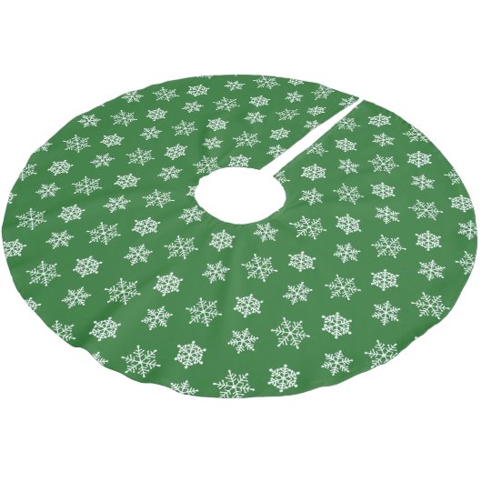 Elegante weiße Schneeflocken auf Grün Polyester Weihnachtsbaumdecke (Schrägansicht)