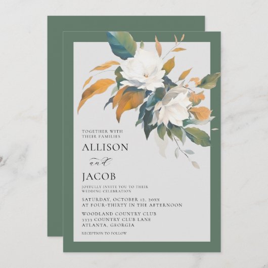 Elegante weiße Seite Grün Blumenzwiebeleinladung Einladung (Vorne/Hinten)