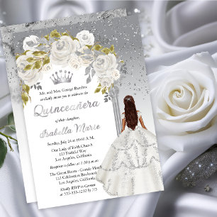 Elegante Weiße Silber-Rosen-Blumen-Quinceañera-Par Folieneinladung