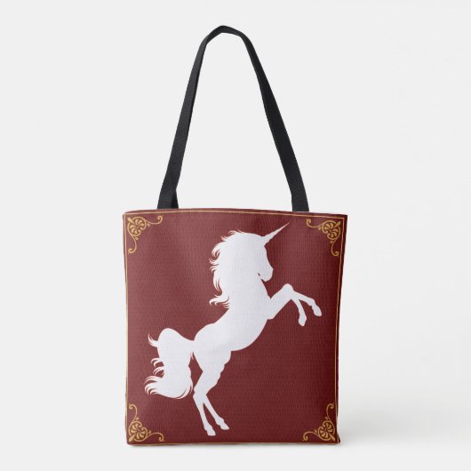 Elegante, weiße Silhouette, Einhorn Gold Grenzen Tasche (Rückseite)
