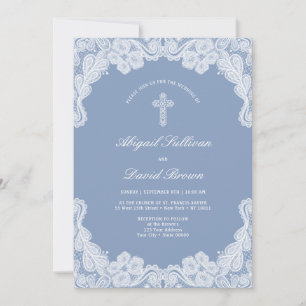 Elegante weiße Spitze auf blauer Hochzeitseinladun Einladung