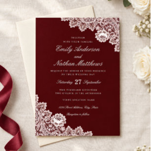Elegante weiße Spitze Bordeaux Hochzeitseinladung Einladung