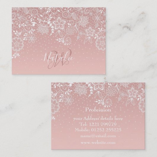 Elegante weiße Spitze mit Blumen und Visitenkarte (Vorne/Hinten)