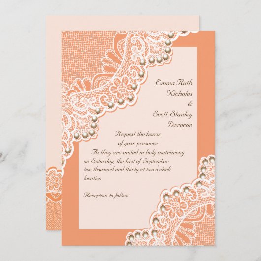 Elegante weiße Spitze mit Perlen Korallenhochzeit Einladung (Vorne/Hinten)