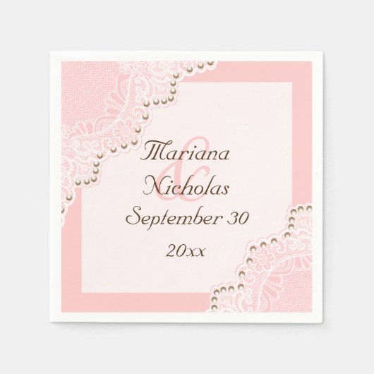 Elegante weiße Spitze mit Perlen rosa Hochzeit Serviette (Vorderseite)