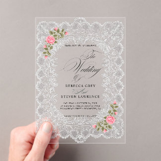 Elegante weiße Spitze rosa Blumen Kalligrafie Hoch Acryleinladungen