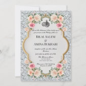 Elegante weiße Spitzen und blumenreiche islamische Einladung (Vorderseite)