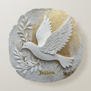 Elegante weiße Taube mit goldenem, individualisier Rundes Kissen