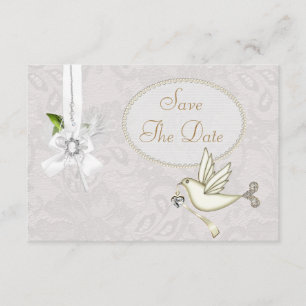 Elegante Weiße Taube Paisley Spitze Save The Date Einladung