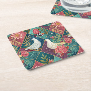 Elegante weiße Tauben rosa Blumen & goldene Geomet Rechteckiger Pappuntersetzer