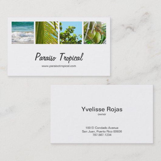 Elegante weiße tropische Foto-Collage Visitenkarte (Vorne/Hinten)