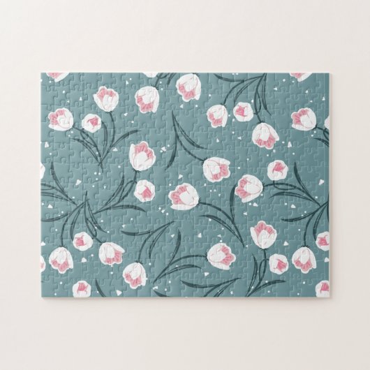 Elegante weiße Tulips auf pastellgrünem Muster Puzzle (Horizontal)