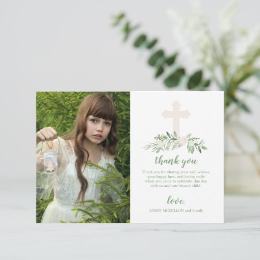 Elegante weiße u. grüne Rosen-erste heilige Dankeskarte (Stehend Vorderseite)