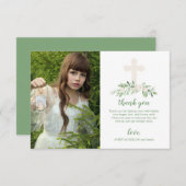 Elegante weiße u. grüne Rosen-erste heilige Dankeskarte (Vorne/Hinten)