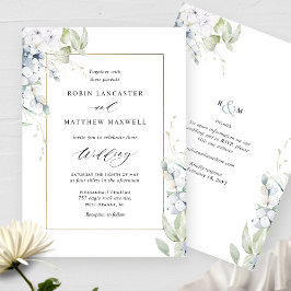 Elegante weiße und blaue Blüten auf einer Hochzeit Einladung