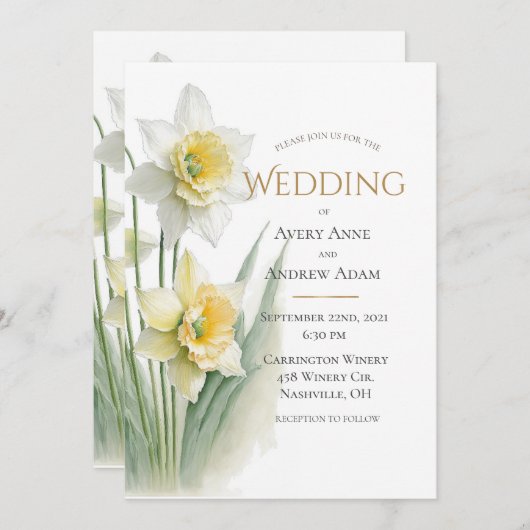 Elegante weiße und gelbe Daffodien Hochzeit Einladung (Vorne/Hinten)