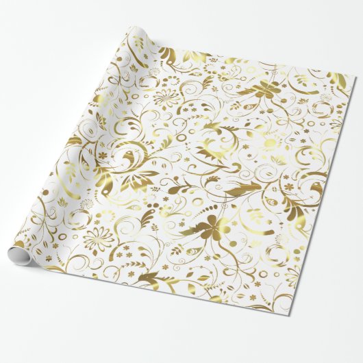Elegante weiße und goldblütige Damasken Geschenkpapier (Ungerollt)