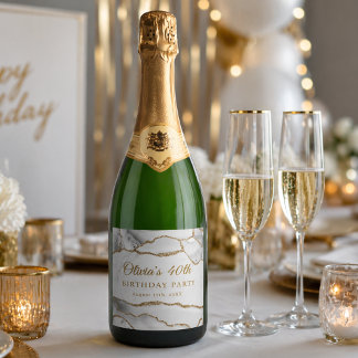 Elegante Weiße und Goldene Achat Geburtstagsfeier Schaumweinetikett
