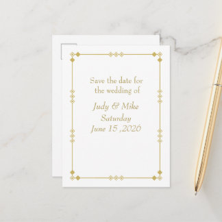 Elegante weiße und goldene Art Deco Save-the-Date- Ankündigungspostkarte