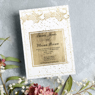 Elegante, weiße und goldene Konfetti-Blumenhochzei Einladung
