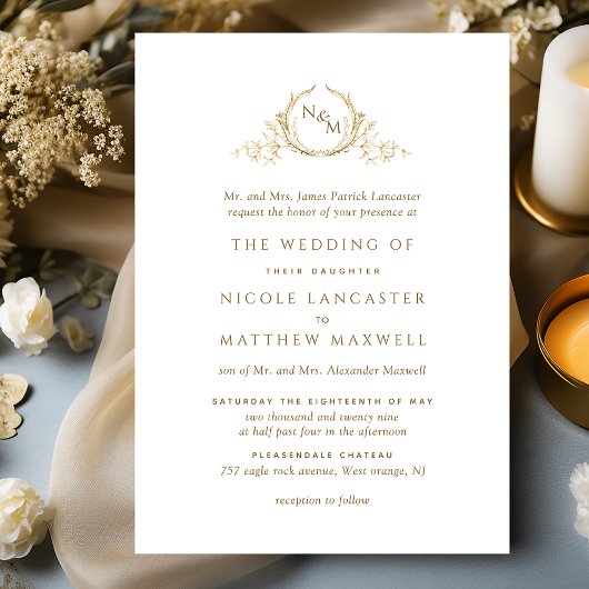 Elegante weiße und goldene Mongram-Feierliche Hoch Einladung