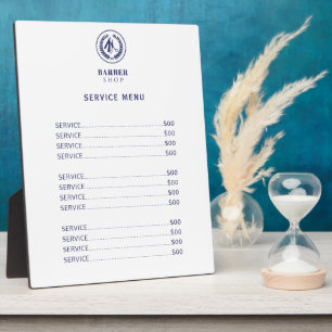 Elegante weiße und marineblaue Menü-Preisliste für Fotoplatte