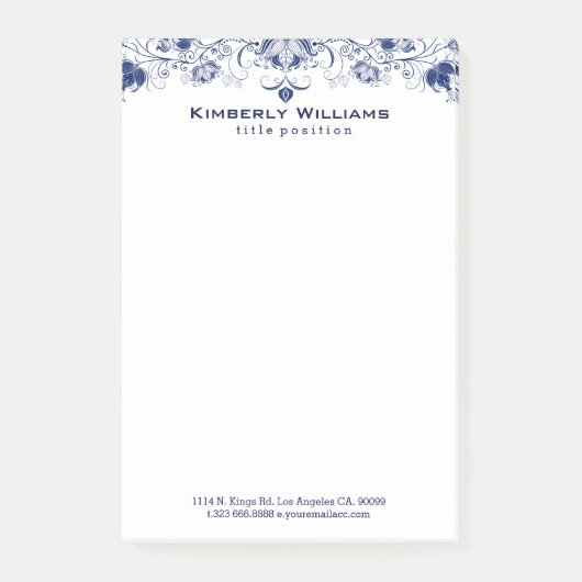 Elegante weiße und navy-blaue Blumenspitze Post-it Klebezettel (Vorderseite)