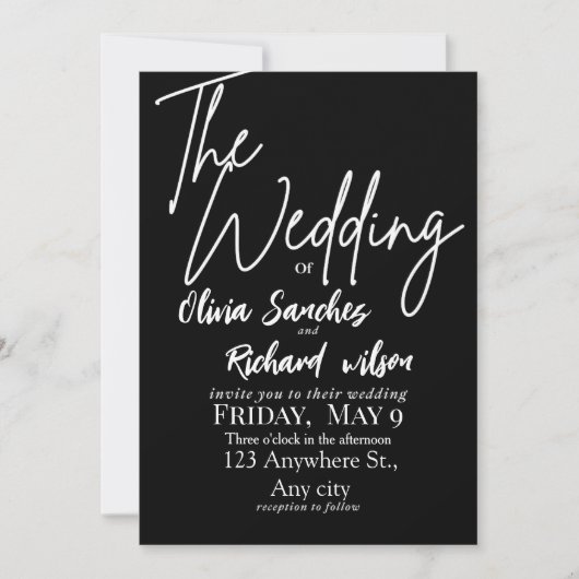 Elegante weiße und schwarze einfache Hochzeit Einladung (Vorderseite)