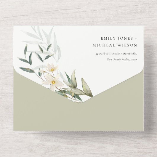 Elegante weiße Vegetation Hochzeit der Blumen All In One Einladung (Rückseite)